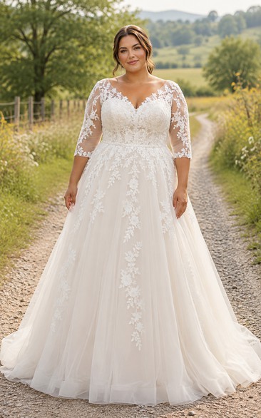 Country Plus Size V-neck Tulle A-line Wedding Dress with Lace
