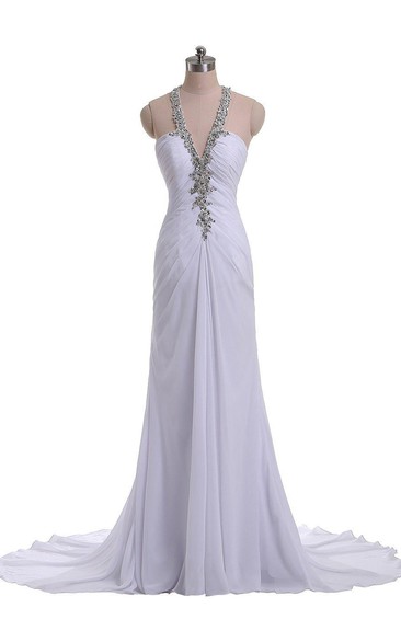 Sleeveless Long Ruched Chiffon Dress With Beadings