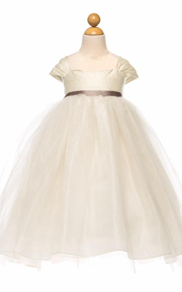 Tea-Length Empire Cap-Sleeve Ruched Tulle&Satin Flower Girl Dress