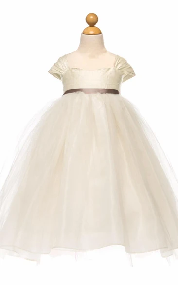 Tea-Length Empire Cap-Sleeve Ruched Tulle&Satin Flower Girl Dress
