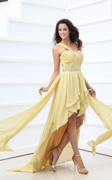 High-Low Chiffon One-Shoulder Dress With Ruching