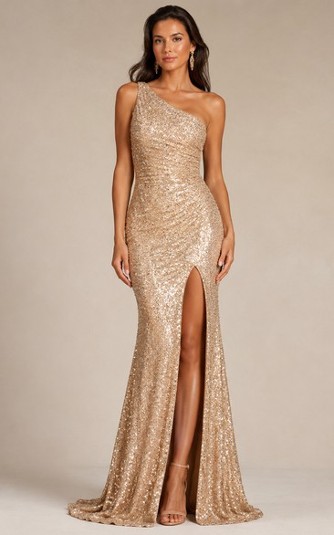 Sheath Sequin Prom Dress with One-Shoulder, Sleeveless and Sequins Split Front, Floor Length
