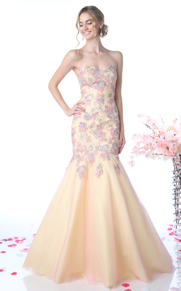 Muti-Color Mermaid Maxi Sweetheart Sleeveless Backless Dress With Appliques And Flower