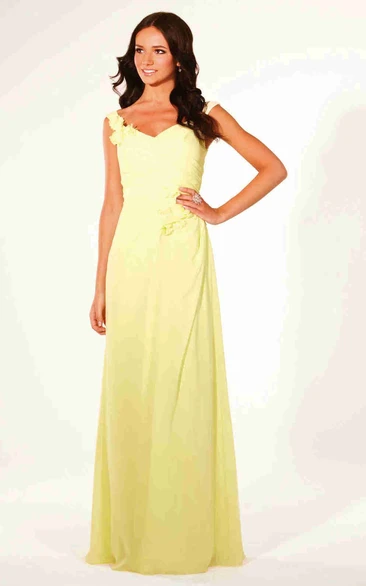 V-Neck Maxi Draped Floral Chiffon Bridesmaid Dress With Ruching And Corset Back