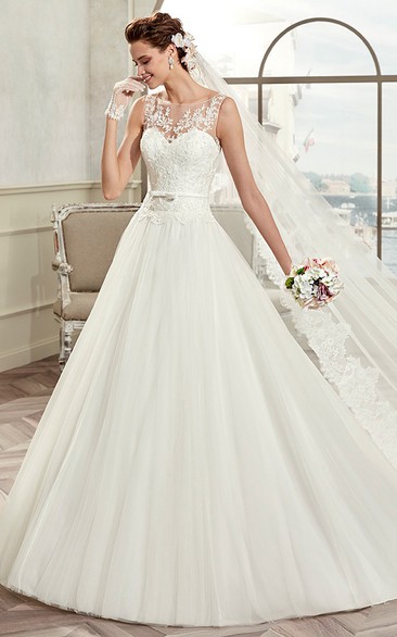 Cap Sleeve A-Line Bridal Gown With Illusive Design And Puffy Skirt