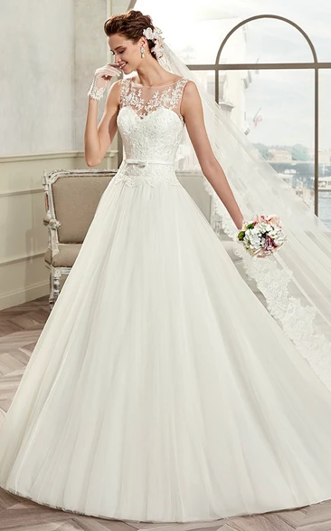 Cap Sleeve A-Line Bridal Gown With Illusive Design And Puffy Skirt