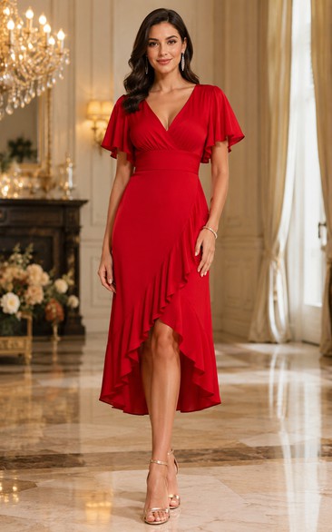 Chiffon Cocktail Dress in Red, V-neck A-Line High-Low Gown with Ruffles