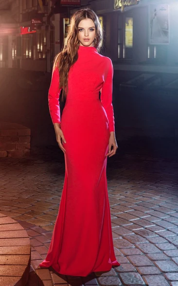 Sheath Floor-Length High Neck Long Sleeve Chiffon Keyhole Dress