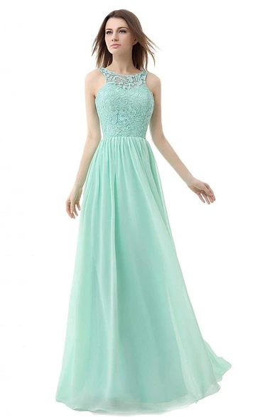High-neck Long Gown With Lace Detail Bodice