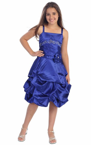 Floral Knee-Length Pleated Beaded Satin Flower Girl Dress With Tiers