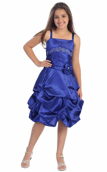 Floral Knee-Length Pleated Beaded Satin Flower Girl Dress With Tiers