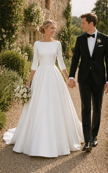 Satin Plus Size Boat Neck Wedding Dresses | Modest Simple Bridal Gown with Pockets
