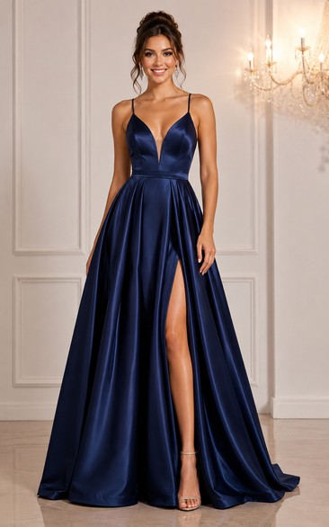 Satin Prom Dress in Dark Navy, Spaghetti Strap, V-neck A-Line Floor-Length Gown with Pleats