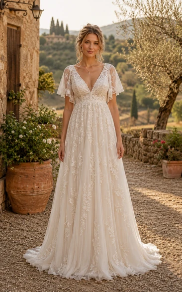 Boho A-Line Wedding Dress Short Sleeve V-Neck Tulle Lace Applique Floor Length Chapel Train Ivory