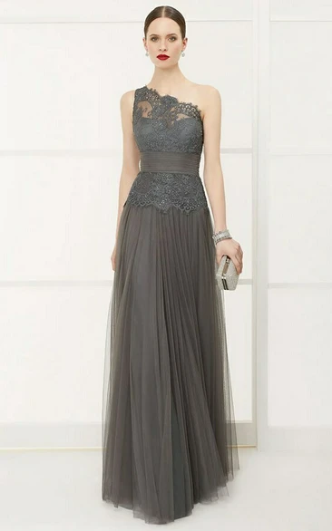 Lace Top One Shoulder A-Line Tulle Long Prom Dress With Bandage And Sequins