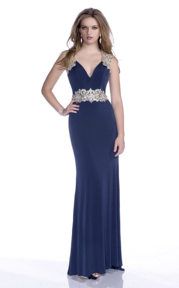 Sheath Jersey V-Neck Sleeveless Prom Dress Featuring Glimmering Rhinestones