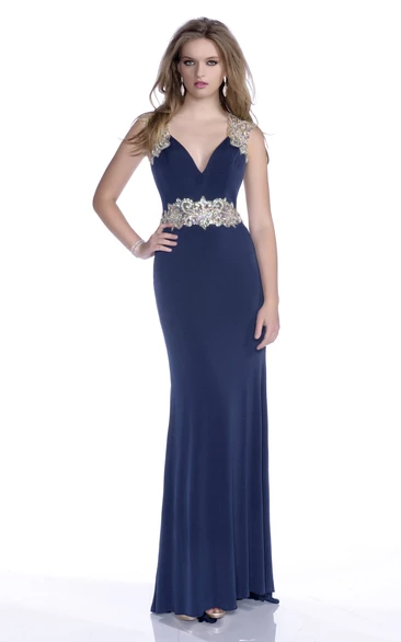 Sheath Jersey V-Neck Sleeveless Prom Dress Featuring Glimmering Rhinestones