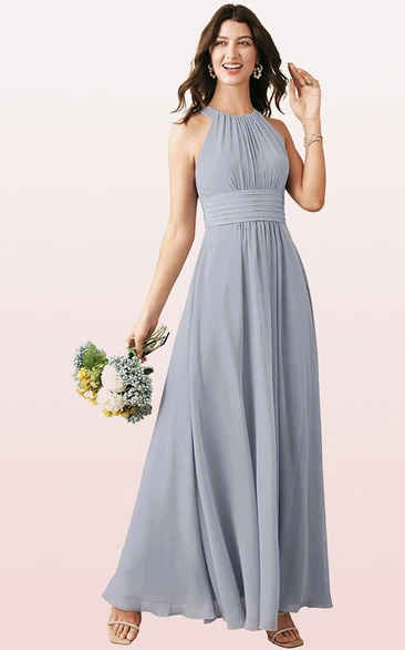 Modern Halter A Line Sleeveless Ankle-length Chiffon Bridesmaid Dress With Ruching