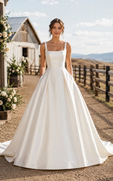 Simple Square Neck Satin Ball Gown Country Wedding Dress with Chapel Train