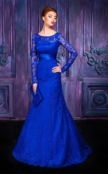 A-line Floor-length Jewel Long Sleeve Lace Keyhole Dress