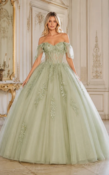 Tulle Prom Dress in Sage, Off-the-shoulder, Sweetheart Ball Gown Floor-Length Gown with Appliques and Beading