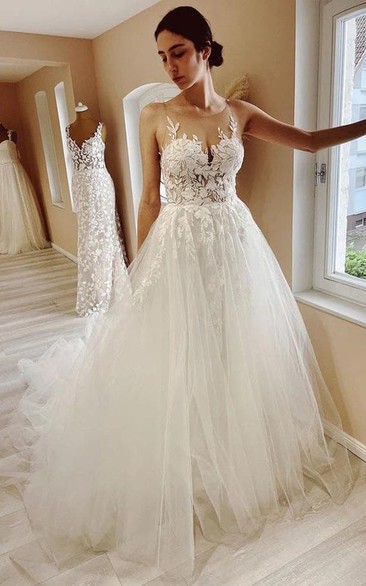 Illusion Sleeveless Flowy A-line Tulle Lace Applique Backless Wedding Dress