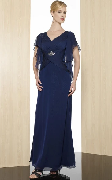 Sheath Ankle-Length Broach V-Neck Poet-Short-Sleeve Chiffon Formal Dress With Low-V Back And Ruching