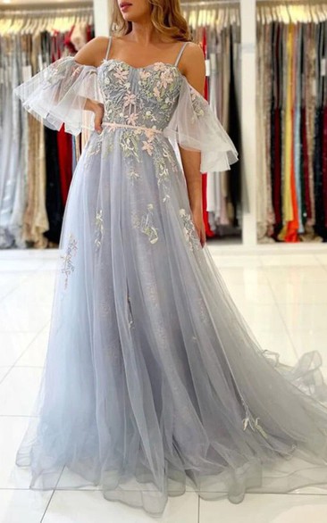 Spaghetti ofs Tulle Lace Applique Pleated Flowy Prom Dress