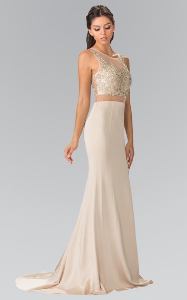 Sheath Maxi V-Neck Sleeveless Jersey Illusion Dress With Beading