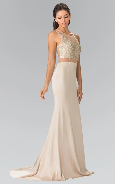 Sheath Maxi V-Neck Sleeveless Jersey Illusion Dress With Beading