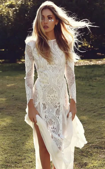 Boho Lace Front Split Long Sleeve Bateau-neck Keyhole Sheath Wedding Dress