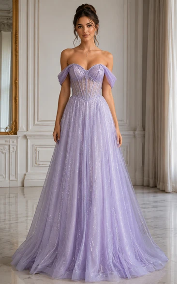 Princess Ball Gown Off-the-Shoulder Short Sleeve Tulle Quinceanera Dress with Appliques