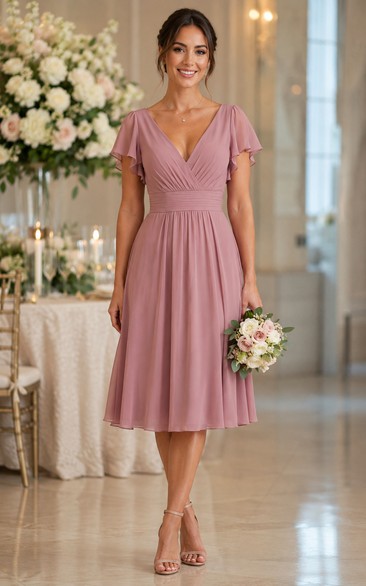 Dusty Rose Tea-length Flutter Sleeve Bridesmaid Dress