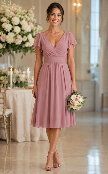 Dusty Rose Tea-length Flutter Sleeve Bridesmaid Dress