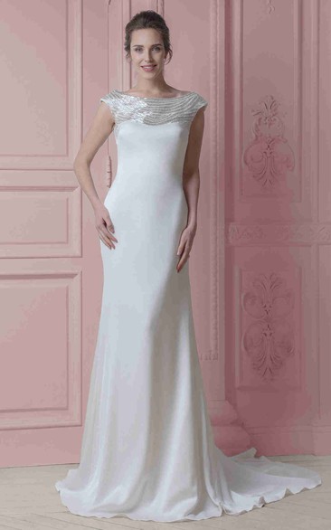 Long Scoop Beaded Cap-Sleeve Chiffon Wedding Dress With Sweep Train And V Back