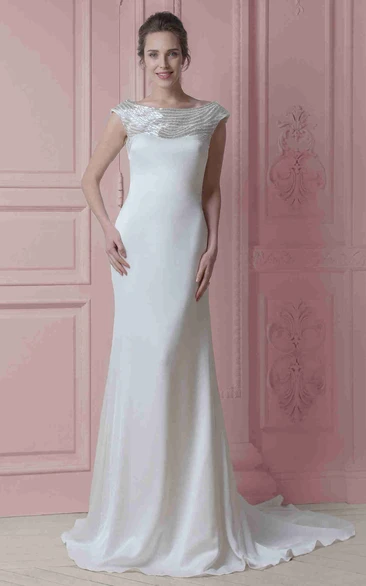 Long Scoop Beaded Cap-Sleeve Chiffon Wedding Dress With Sweep Train And V Back