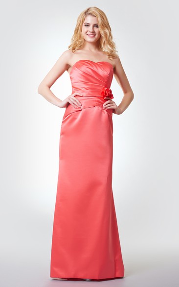Sweetheart Ruched A-line Long Satin Dress With Flower