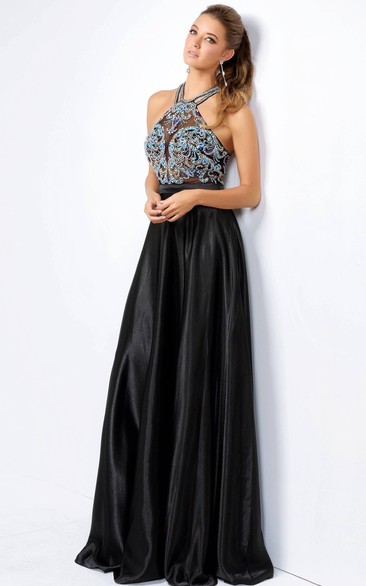 A-Line Long Halter Sleeveless Satin Dress With Beading