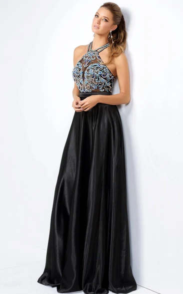 A-Line Long Halter Sleeveless Satin Dress With Beading