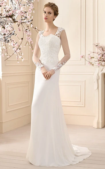 Sheath Long-Sleeve Appliqued Floor-Length Chiffon Wedding Dress