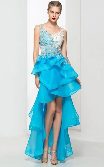 V-Neck Appliques Beading Asymmetry Prom Dress