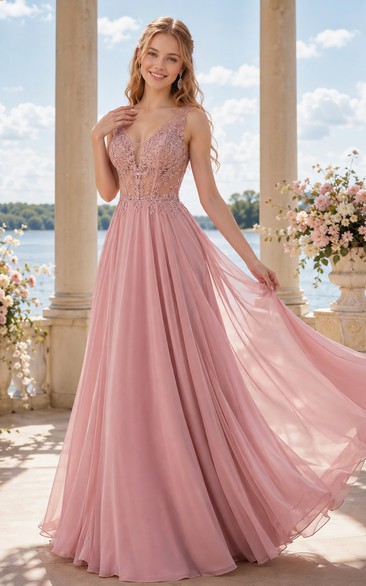 Brautjungfernkleid aus Chiffon in A-Linie mit V-Ausschnitt in Altrosa und Spitzenoberteil für Brautjungfern, Hochzeitsgäste und formelle Empfänge