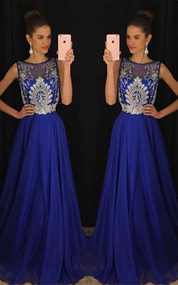 Gorgeous Dark Royal Blue Sleeveless Evening Dresses Long Chiffon With Appliques Beadings