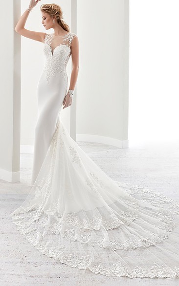 Cap Sleeve Sheath Bridal Gown With Illusion Details And Chapel Train