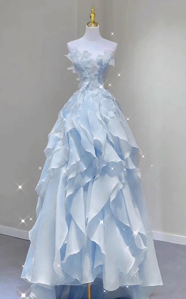 Pastel Blue Strapless Evening Gown with Ruffles