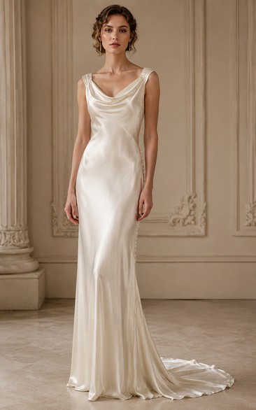 Cowl Neck Satin Sheath Vintage Wedding Dress