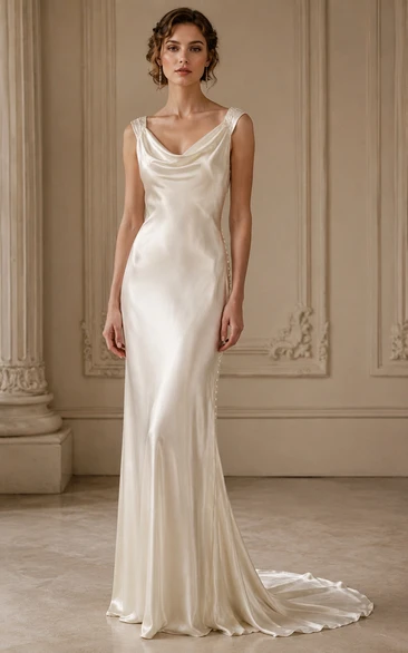Cowl Neck Satin Sheath Vintage Wedding Dress