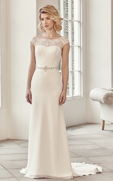 Bateau Long Bowed Appliqued Chiffon Wedding Dress With Sweep Train And V Back
