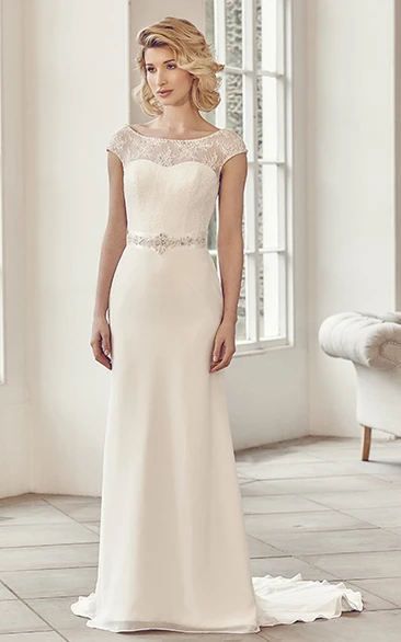Bateau Long Bowed Appliqued Chiffon Wedding Dress With Sweep Train And V Back
