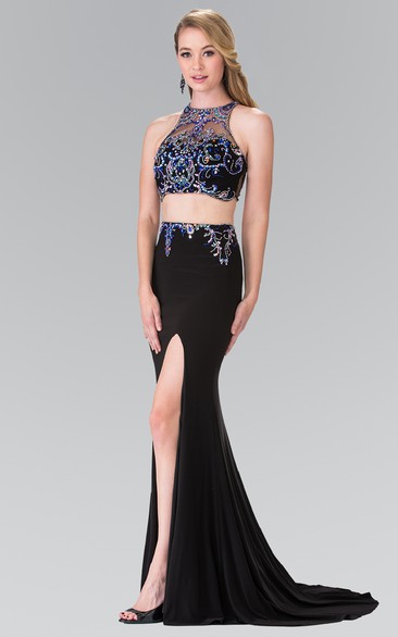 Sheath Long Jewel-Neck Sleeveless Jersey Keyhole Dress With Split Front And Beading